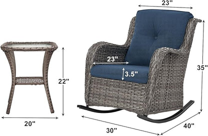 Rilyson Patio Chairs Outdoor Rocking Chair - 3 Piece Wicker Patio Bistro Set Rattan Patio Furniture Rocker Chairs and Side Table for Porch Deck Backyard Garden(Mixed Grey/Blue)