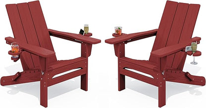 SERWALL Folding Adirondack Chair with Cup Holders, All Weather Resistant Modern Adirondack Chair Set of 2, HDPE Adirondack Chair Outdoor, Red