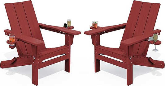 SERWALL Folding Adirondack Chair with Cup Holders, All Weather Resistant Modern Adirondack Chair Set of 2, HDPE Adirondack Chair Outdoor, Red