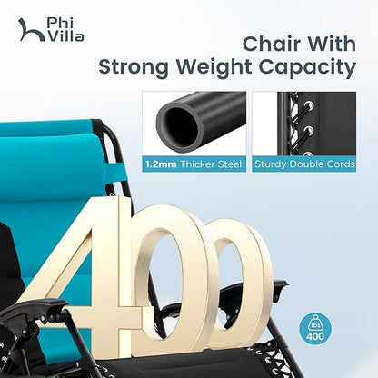 PHI VILLA Zero Gravity Chair Set of 2, Padded Anti Gravity Recliner, Oversized 28" Wide Seat, Foldable Patio Lounger with Armrest & Cup Holder, Supports 400 LBS (Aqua)