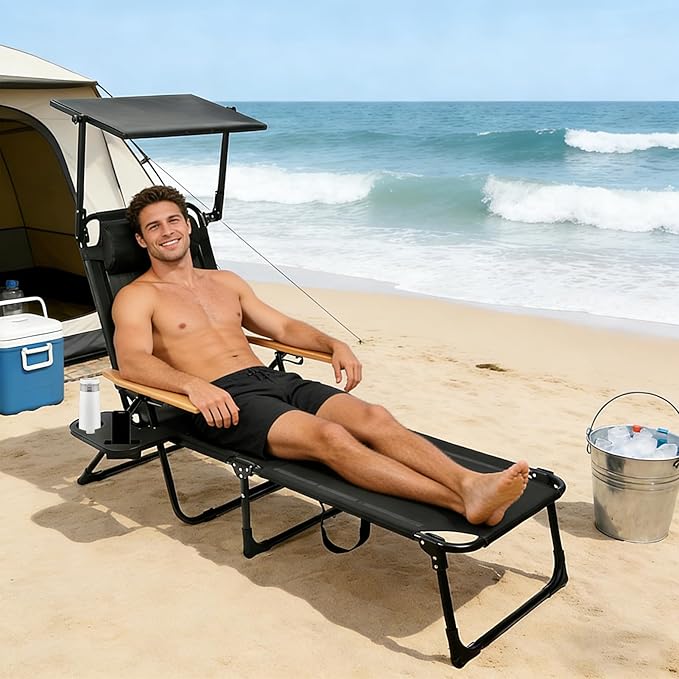 Folding Outdoor Chaise Lounge Chair with 360°Shade, 4 Position Portable Sun Tanning Chair with Headrest, Foldable Beach Lounge Chair with Cup Holders & Wooden Armrests for Patio Pool Lawn (Black-B)