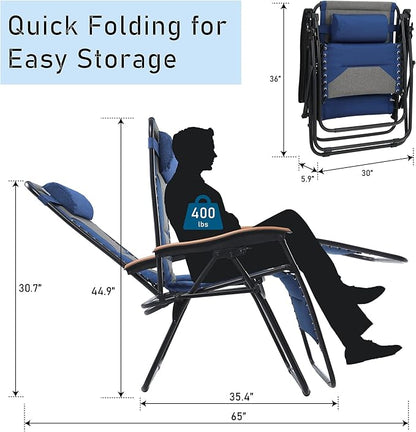 PHI VILLA XXL Oversized Padded Zero Gravity Chair, Foldable Patio Recliner, 30" Wide Seat Anti Gravity Lounger with Cup Holder, Support 400 LBS (Thumb Blue)