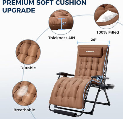 HOMSHADE XXL Zero Gravity Chair with Cushion, 33In Oversized Zero Gravity Lounge Chair, Patio Outdoor Recliner Chair for Indoor Outdoor with Headrest, Cup Holder, Footrest Support 500Lbs, Brown
