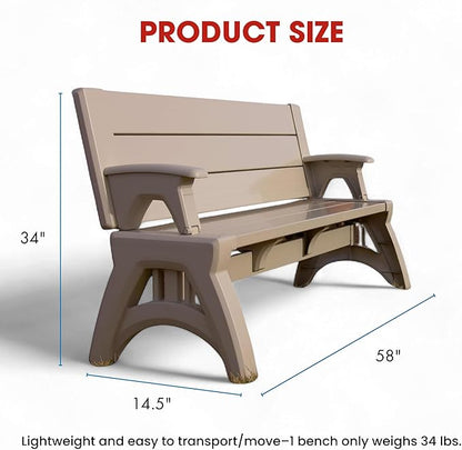 Convert-a-Bench Gen 2 2-in-1 Outdoor Convertible Bench to Picnic Table | Space-Saving, Weather-Resistant Patio Furniture for Yard, Deck, Garden | Easy Assembly & Durable - 1 Bench/Order, Adobe