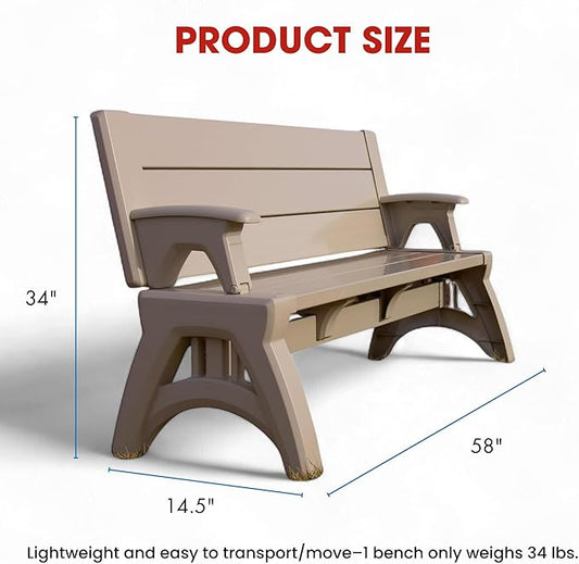 Convert-a-Bench Gen 2 2-in-1 Outdoor Convertible Bench to Picnic Table | Space-Saving, Weather-Resistant Patio Furniture for Yard, Deck, Garden | Easy Assembly & Durable - 1 Bench/Order, Adobe