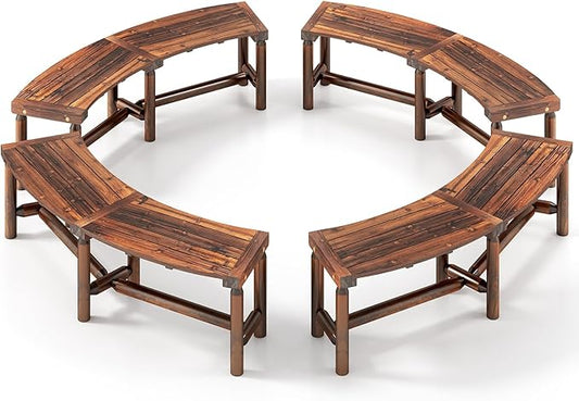 Tangkula Patio Curved Bench Set of 4, Solid Wood Fire Pit Bench for 2-3 People, Outdoor Backless Loveseat for Backyard, Garden, Poolside, 800 LBS Max Load (Rustic Brown)