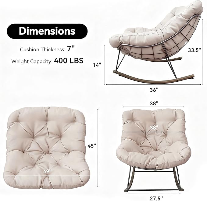 Outdoor Patio Rocking Chair, Oversized Papasan Chair with Cushion and Frame, Comfy Modern Rocker Egg Chair for Living Room, Garden Backyard,Beige2pc
