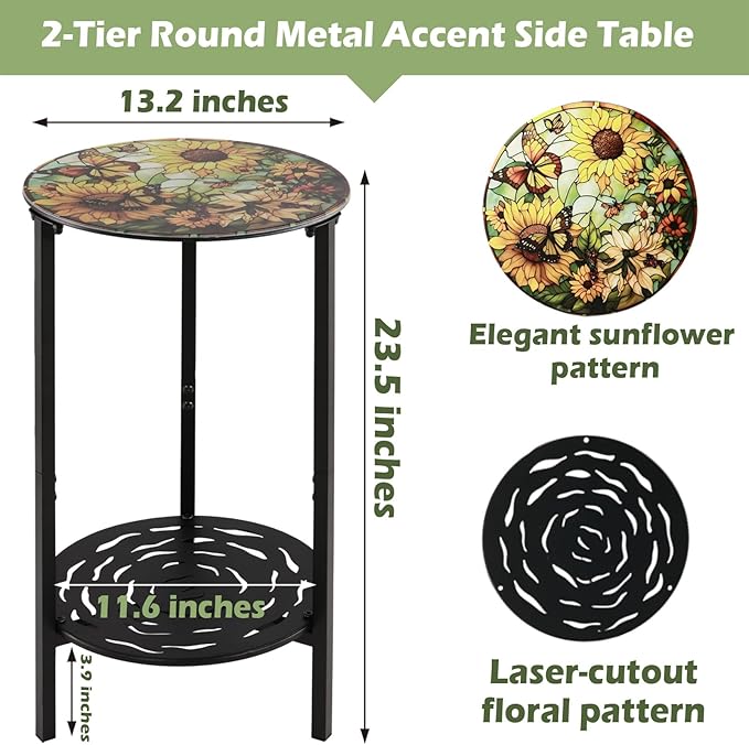 2-Tier Metal Round Side Table Black Accent Coffee Tables Small Space Corner Plant Stand Shelf for Indoor Outdoor Use Patio Balcony End Table Flower Print Weather-Resistant