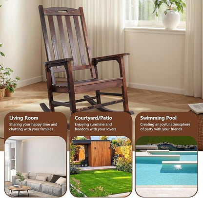 Wooden Oversized Porch Rocker Chair with Wide Seat and Tall Backrest - High Back Smooth Rocking Chairs for Outdoor & Indoor Use, Durable Fir Wood Construction, Easy Assembly (Brown)