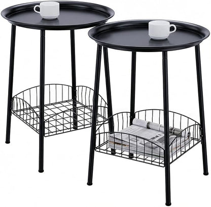 2 PCS Small Outdoor Side Table, 2-Tier Round Metal Patio Table, Accent Table Waterproof, Weather Resistant End Table for Yard Porch Pool Balcony Garden Bedside