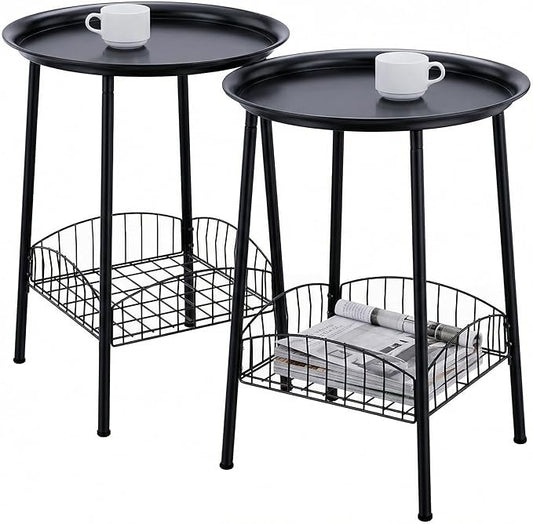 2 PCS Small Outdoor Side Table, 2-Tier Round Metal Patio Table, Accent Table Waterproof, Weather Resistant End Table for Yard Porch Pool Balcony Garden Bedside