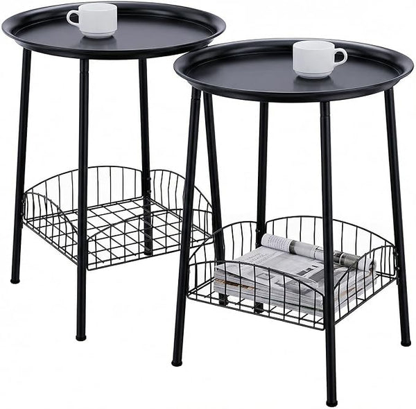 2 PCS Small Outdoor Side Table, 2-Tier Round Metal Patio Table, Accent Table Waterproof - Photo 1