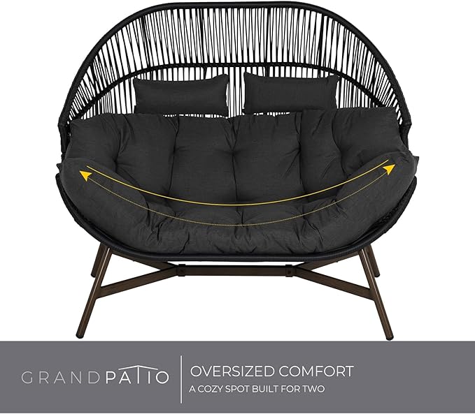 Grand patio Outdoor Modern 2-Seat Wicker Egg Chair with Cushion, Stationary Patio Loveseat Accent Chair, Grey
