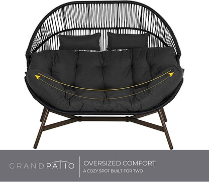 Grand patio Outdoor Modern 2-Seat Wicker Egg Chair with Cushion, Stationary Patio Loveseat Accent Chair, Grey