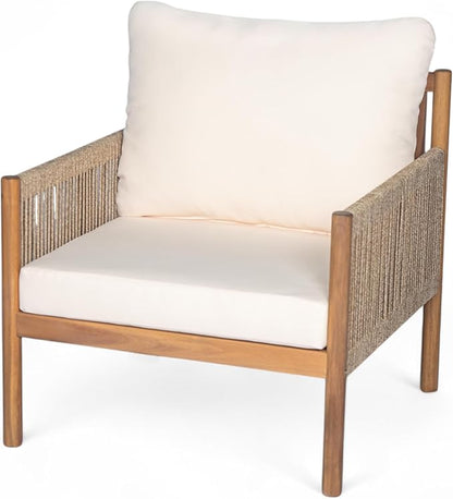 Christopher Knight Home Barris Lounge Chair Outdoor, Patio Accent Chair, Comfy Reading Single Sofa, Wooden Frame+Rope Woven+Removable Cushion, for Garden/Backyard/Balcony/Poolside, Teak+Beige