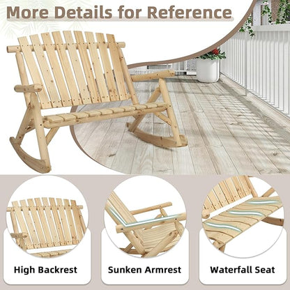 Outdoor Double Wooden Rocking Bench, Adirondack Porch Rocker Chair for 2 Persons, Patio Rustic Log Rocker Loveseat with High Slatted Seat & Backrest for Deck, Backyard, Garden, Natural