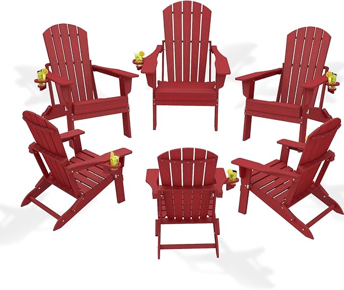 Folding Adirondack Chair Set of 6，Wooden Textured Fire Pit Chair with Cup Holder, Heavy All-Weather HDPE Plastic Outdoor Patio Chairs for Poolside Backyard Patio Outdoor Garden