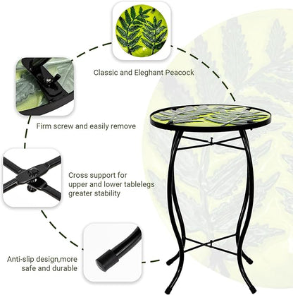 Subtropical Leaf Small Patio Table,Outdoor Side Table,Outdoor Bar Table,Metal Glass End Table for Porch Garden Yard Pool Living Room Valentine Decor，10 Inch Side, Valentine Decorations Gift