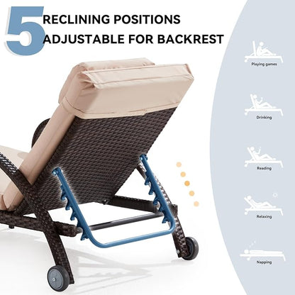Pool Outdoor Lounge Chairs Set of 2,Outdoor Chaise Lounge w/ 5 Adjustable Back,Wicker Patio Pool Lounge Chair with Wheels for Poolside Deck Lawn,Khaki