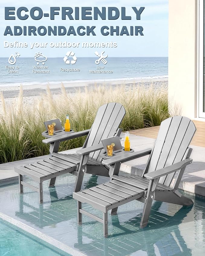 Adjustable Adirondack Chair with Retractable Ottoman Set of 2, HDPE Folding Adirondack Chair with Cup Holder - Photo 4