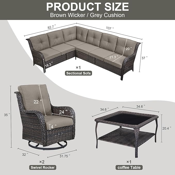 Belord Patio Furniture Set 6 Seats, Outdoor Swivel Rocker Patio Chairs, Oversized Outdoor Sectional Couch - Photo 2