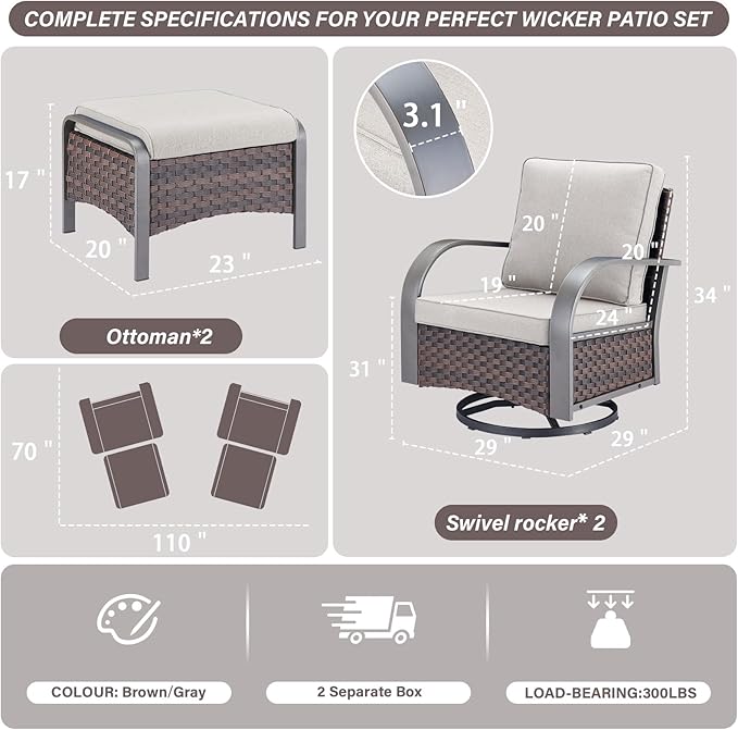 Belord 4 Pieces Patio Furniture Sets - Swivel Rocker Outdoor Chairs with Ottomans - Photo 3