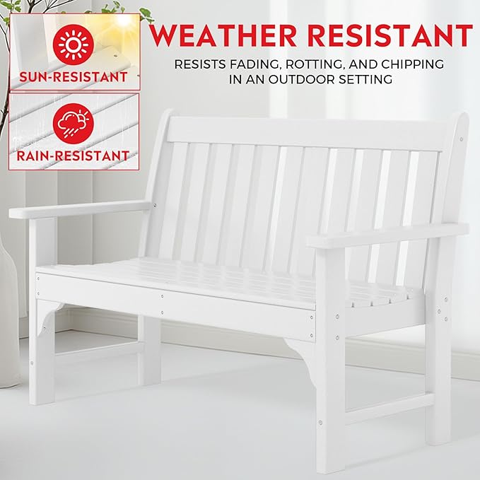 Costaelm Garden Bench, Farmhouse Park Front Porch for Entryway Bench Outdoor Seating Low Bench Patio Bench Outside/Indoor, White