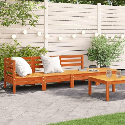 Four-Seater Garden Sofa, Modular Outdoor Patio Furniture in Waxed Brown Solid Pine Wood, Rustic Rectangular Seating Bench for Backyard, Lawn, and Terrace