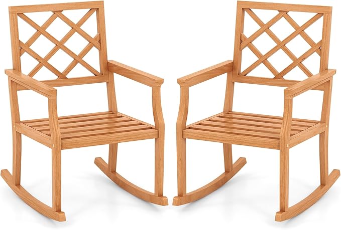 Tangkula Teak Wood Rocking Chair, Oversized Porch Rocker with Backrest and Slatted Seat, Outdoor Rocker Chair for Patio, Backyard and Lawn, 330 LBS Weight Capacity (2, 30 x 23 x 35 Inch)