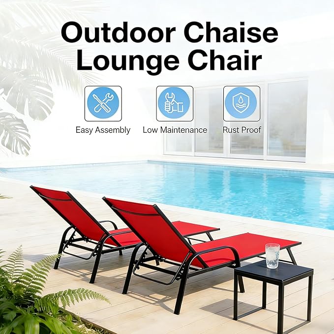 Simple Delxue Folding Chaise Lounge Chair with 5 Reclining Positions, Beach Recliner Chair with Armrests - Photo 6