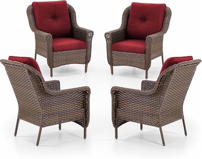 Patio Wicker Chairs Outdoor Furniture Chair - Set of 4 Outside All Weather Lawn Dining Brown Rattan Armchair with High - Photo 1