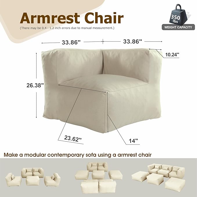 Patio Corner Chair, Outdoor Armrest Bean Bag Chair, Daybed Sofa Comfy Couch, Modular Patio Sectional Sofa, Water-Resistant Olefin Fabric, High-Density Foam Filled, Comfy Lounge Seat, Light Beige
