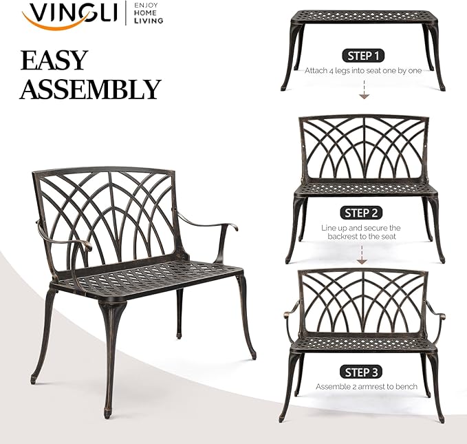 VINGLI 38" Outdoor Metal Bench, Cast Aluminium Garden Bench, Weatherproof Antique Finish Orchid Chair - Photo 6