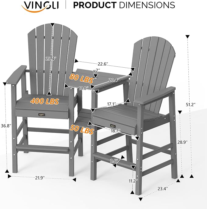 VINGLI Tall Adirondack Chairs Set of 2 with Dual Trays, All-Weather HDPE Outdoor BarStools Poly Deck Chairs for Patio, Poolside and Balcony (Grey)