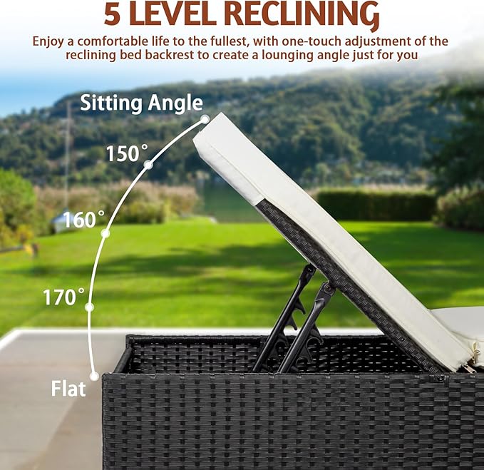 VINGLI Outdoor Chaise Lounge, Wicker Recliner w/Adjustable Backrest, Thick Water Repellent Cushions, Patio Rattan Lounge Chairs for Lawn, Beach, Balcony, Poolside (Black)