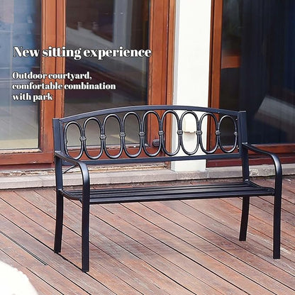 Outdoor Metal Garden Bench 50", Porch Bench Chair，2-Person Patio Bench with Backrest and Armrests, Park Benches Weatherproof, Outdoor Metal Benches for Porch Poolside Backyard