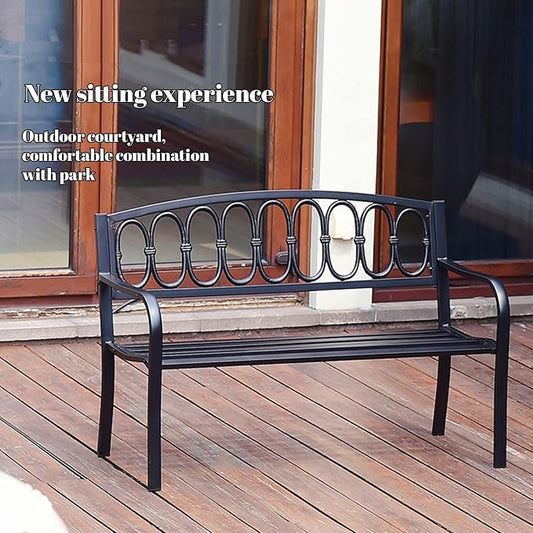 Outdoor Metal Garden Bench 50", Porch Bench Chair，2-Person Patio Bench with Backrest and Armrests, Park Benches Weatherproof, Outdoor Metal Benches for Porch Poolside Backyard