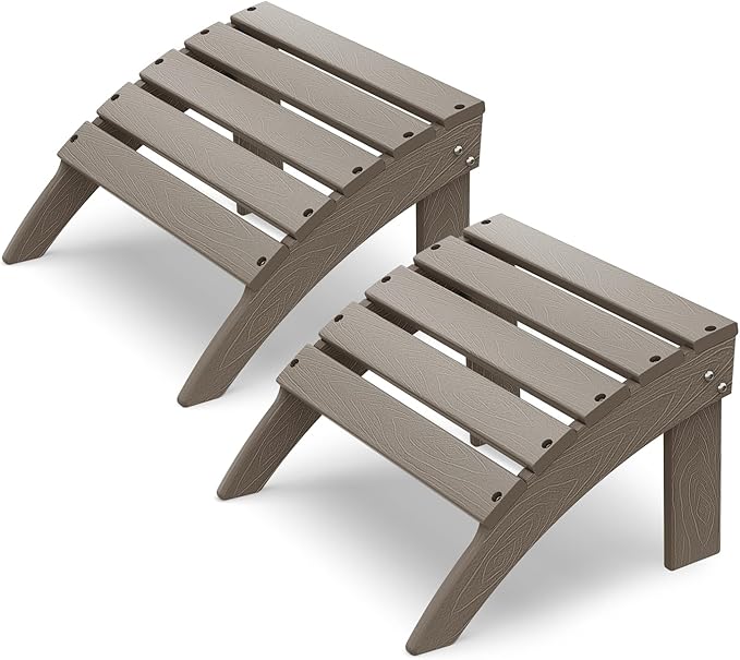 IVY&LANE Outdoor Adirondack Ottoman | Folding | Set of 2 | HDPE Wood Grain | Desert Brown | All Weather | Waterproof Patio Footrest for Adirondack Chair | Poly Lumber Foot Rest for Deck Backyard