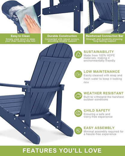 Y&M Adirondack Chair Set of 4, Navy Blue Fire Pit Chairs, Outdoor Patio Chairs with Cup Holder, Weather Resistant HDPE Wooden Textured Patio Chairs, Perfect for Garden, Lawn, Deck, or Poolside