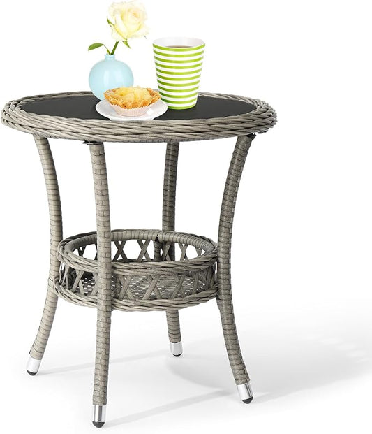 VINGLI Outdoor Wicker Side Table, Patio Side Tables for Outside Tempered Glass Top Wicker Table with Storage End Table for Balcony Porch Deck (Grey)