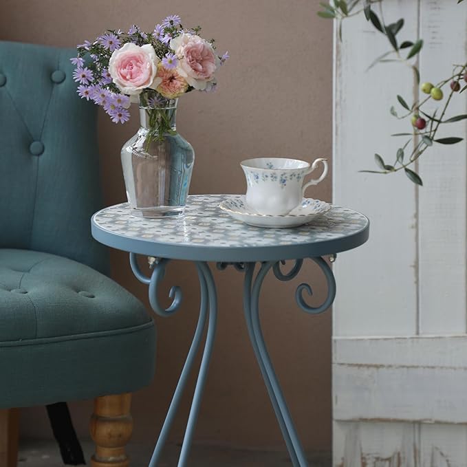 Outdoor Side Table & Mosaic Plant Stand, 14" Ceramic Tile Top Round End Table Accent Table, Indoor Outdoor Coffee Tea Table for Yard Porch Garden Patio