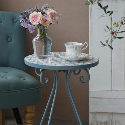 Outdoor Side Table & Mosaic Plant Stand, 14" Ceramic Tile Top Round End Table Accent Table, Indoor Outdoor Coffee Tea Table for Yard Porch Garden Patio