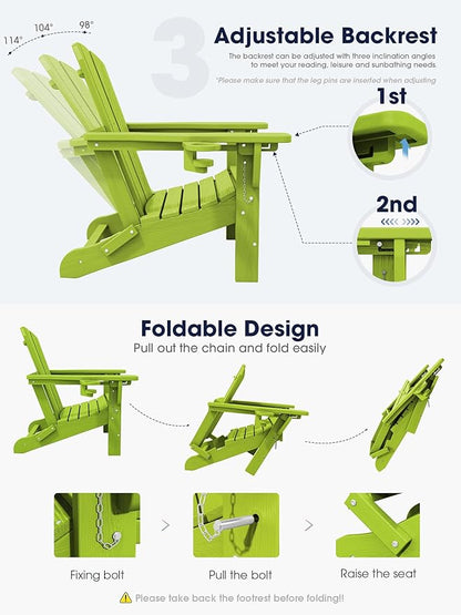 KINGYES Folding Adjustable Adirondack Chair with Ottoman, HDPE Adirondack Recliner Chair with Footrest, Apple