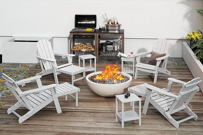 GREENVINES Adjustable Adirondack Chair with Retractable Ottoman Set of 4 | Folding | HDPE Plastic | Fire Pit Chairs w/Foot Rest | 2 Cup Holders | White | for Outdoor Patio Poolside Deck