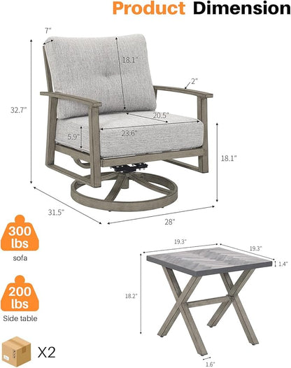 3 Pieces Outdoor Patio Bistro Set, Aluminum Swivel Chairs Patio Furniture Set with Thick Cushions, All Weather Patio Conversation Set with Side Table for Backyard, Balcony, Lawn, Limed Oak