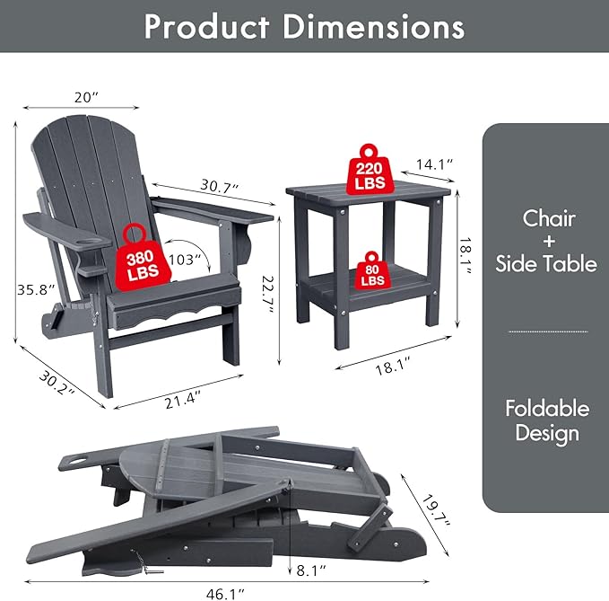 Folding Adirondack Chairs, Oversized HDPE Adirondack Chairs with Side Table and Cup Holder - Photo 2