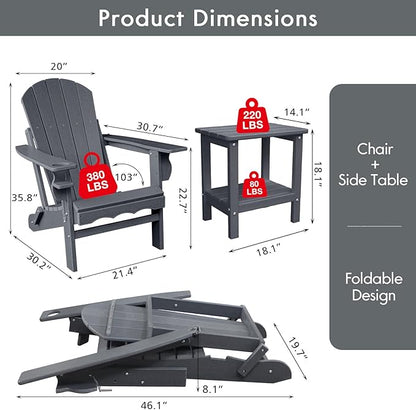 Folding Adirondack Chairs, Oversized HDPE Adirondack Chairs with Side Table and Cup Holder, Outdoor Fire Pit Chairs for Patio Garden and Backyard, Deck, Grey