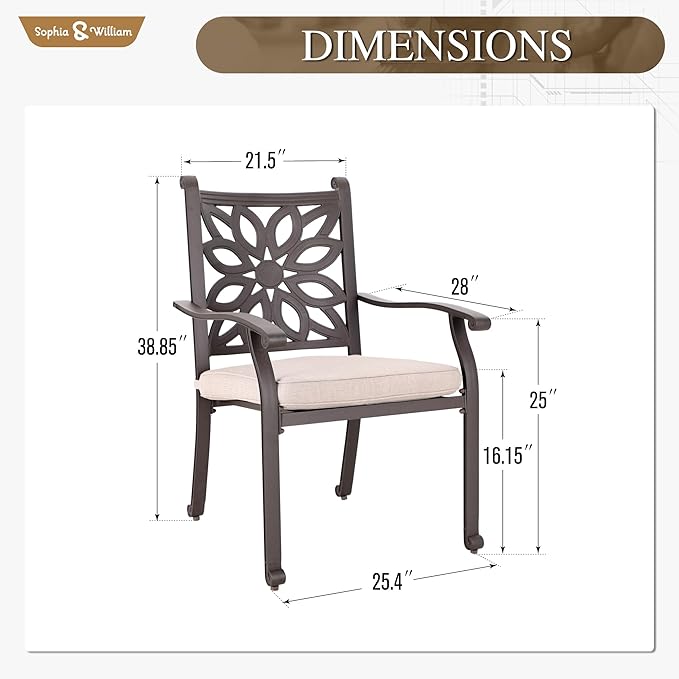 Sophia & William 2 Pieces Cast Aluminium Patio Dining Chairs Bronze with Cushions - Photo 6