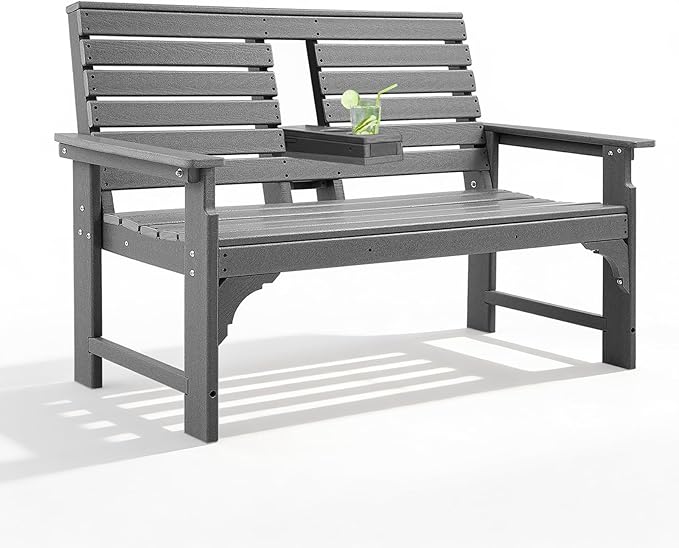 Outdoor Bench Weatherproof - HDPE 2-Person Garden Bench with Cup Holders, Bench Furniture with Backrest and Armrests, 700 lbs Capacity, Patio Park Bench for Front Porch Backyard Park (Grey)