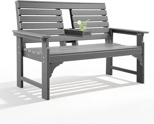 Outdoor Bench Weatherproof - HDPE 2-Person Garden Bench with Cup Holders, Bench Furniture with Backrest and Armrests, 700 lbs Capacity, Patio Park Bench for Front Porch Backyard Park (Grey)